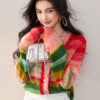 Rainbow contrast vintage balloon sleeve cardigan