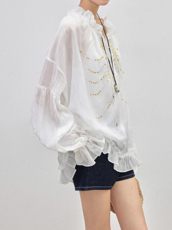 Ruffle Hot-fixed Rhinestones Loose Casual Shirt