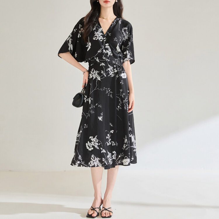 Summer Black Retro V-neck Wrap Floral Chiffon Dress