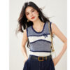 Crew Neck Wavy Stripe Embroidered Knitted Vest