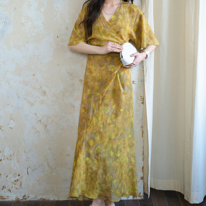 Summer Yellow Floral Silk Waist Slimming Dress