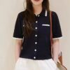 Classic Contrast Collar Short Sleeve Mesh Cardigan