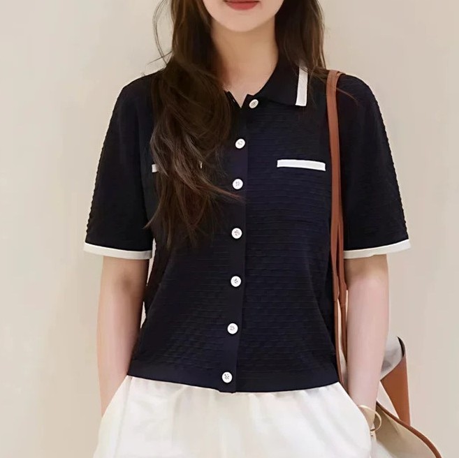 Classic Contrast Collar Short Sleeve Mesh Cardigan