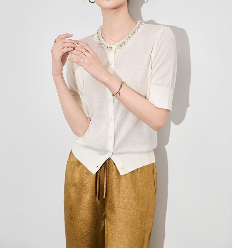 French light luxury beaded round neck short sleeve cardigan