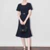 Commuting slimming diamond-encrusted round neck short-sleeved fishtail dress