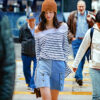 Light-color straight-leg denim shorts with metallic accents
