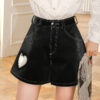 Solid color lace loose high waist PU leather shorts