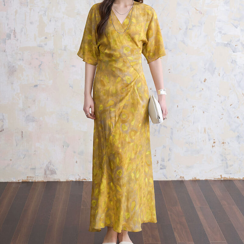 Summer Yellow Floral Silk Waist Slimming Dress