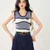 Crew Neck Wavy Stripe Embroidered Knitted Vest