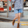 Light-color straight-leg denim shorts with metallic accents