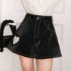Solid color lace loose high waist PU leather shorts
