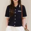 Classic Contrast Collar Short Sleeve Mesh Cardigan