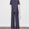 Fashionable lace-trimmed round-neck Tencel denim top and casual wide-leg pants set