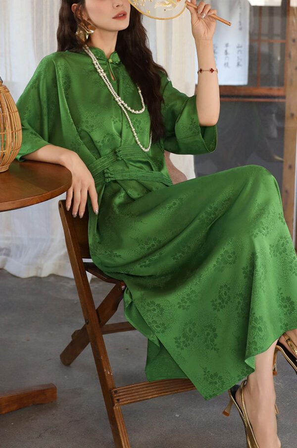 Summer Stand Collar Acetate Jacquard Green Dress