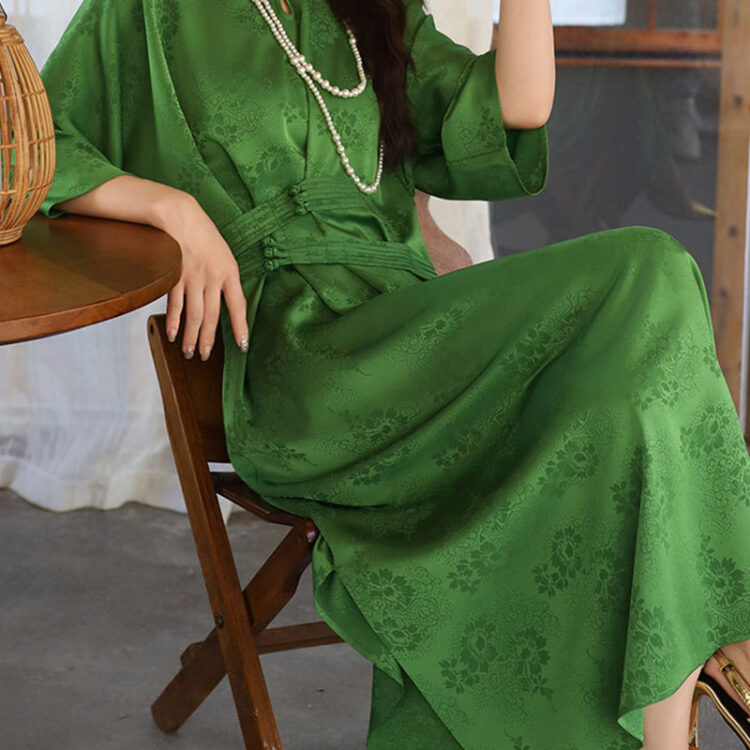 Summer Stand Collar Acetate Jacquard Green Dress