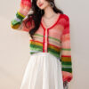 Rainbow contrast vintage balloon sleeve cardigan