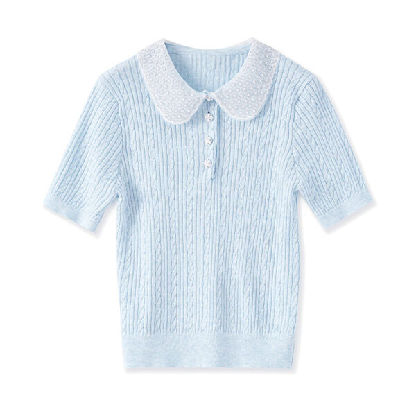 Beaded Lapel Short Sleeve Knit Top