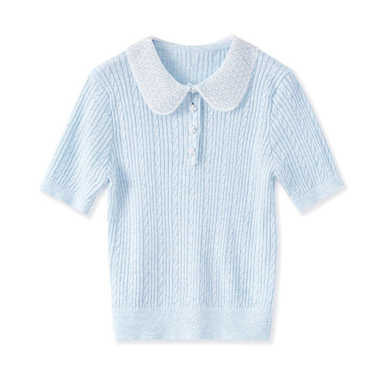Beaded Lapel Short Sleeve Knit Top