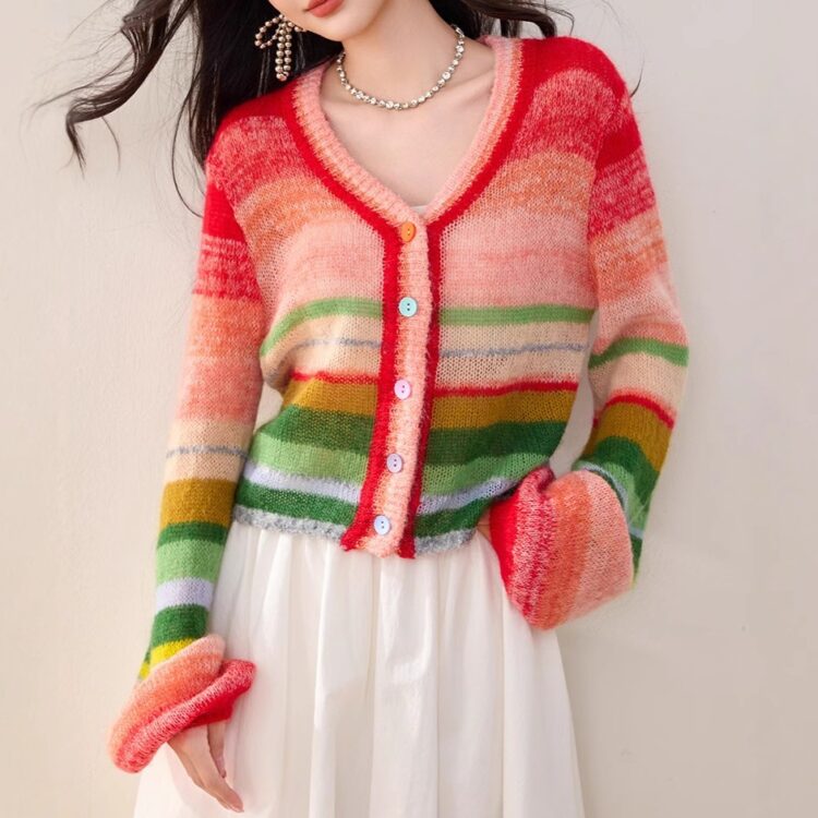 Rainbow contrast vintage balloon sleeve cardigan