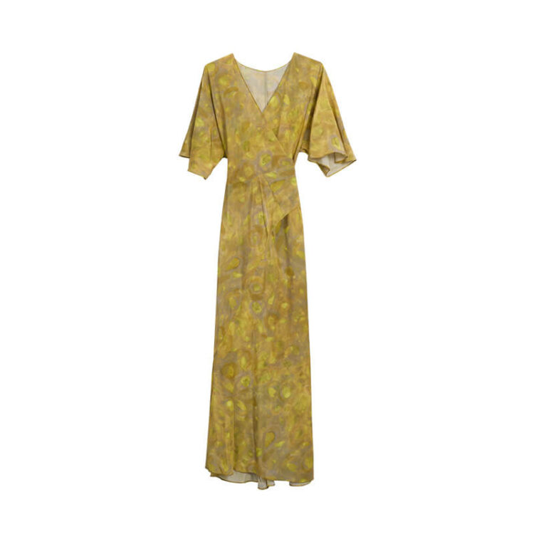 Summer Yellow Floral Silk Waist Slimming Dress