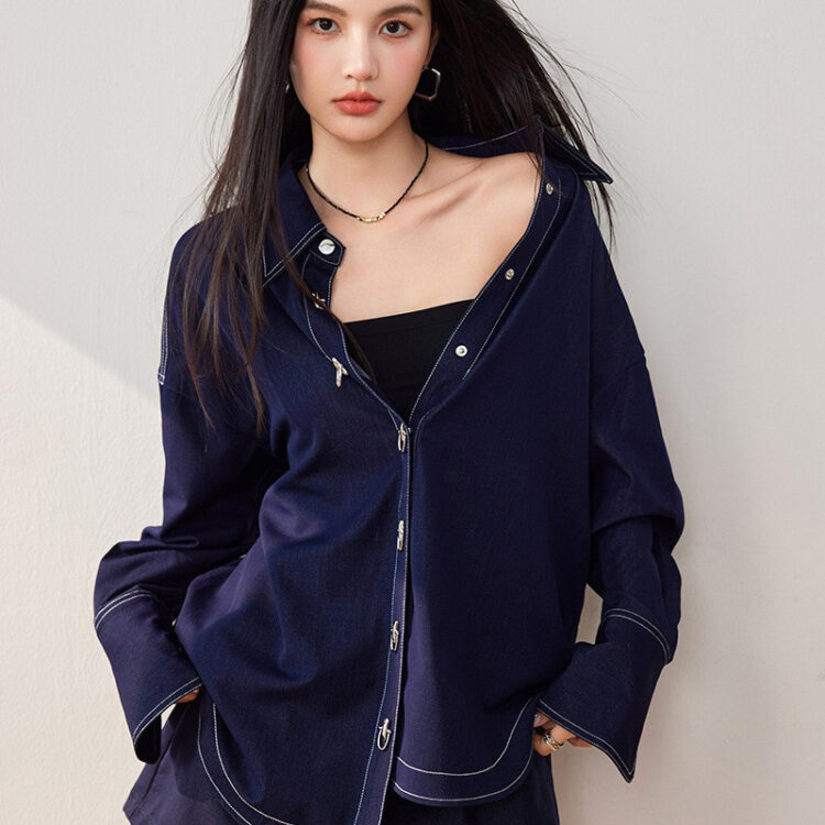 Navy blue high-end loose denim coat shirt
