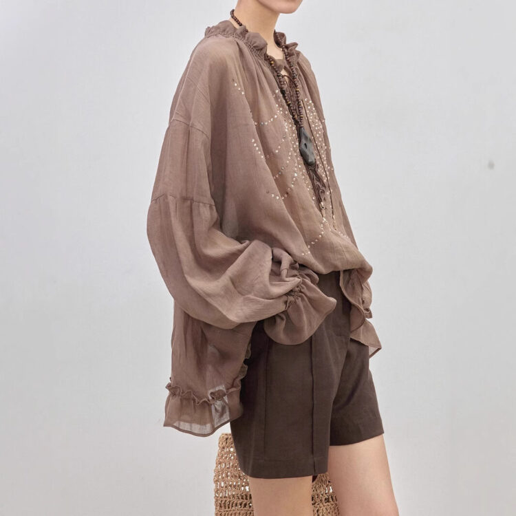 Ruffle Hot-fixed Rhinestones Loose Casual Shirt