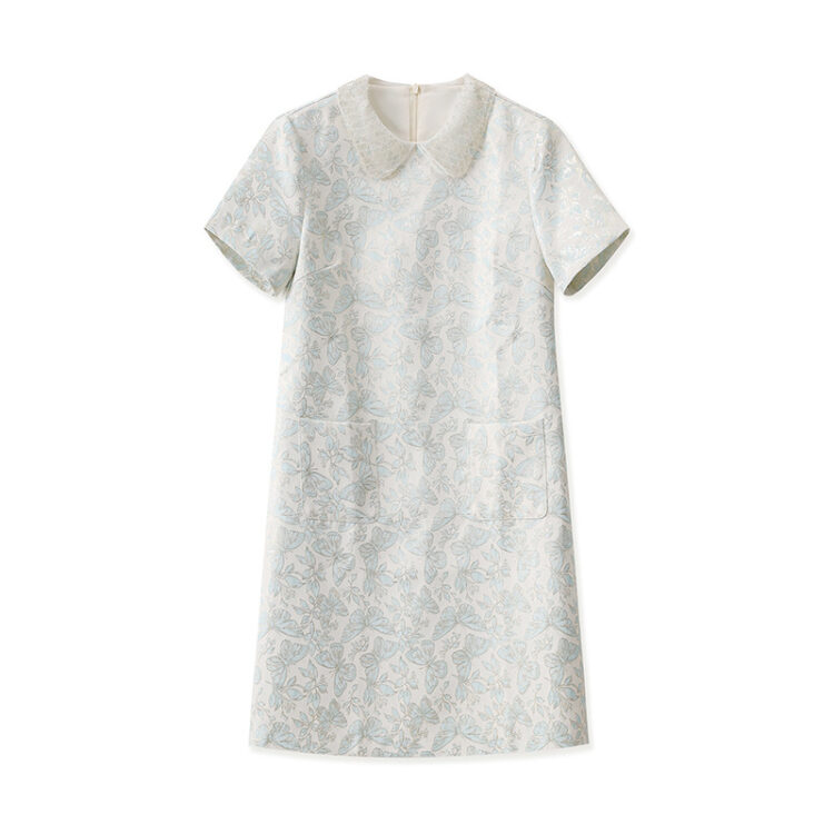 Elegant beaded lapel jacquard dress