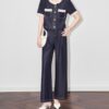 Fashionable lace-trimmed round-neck Tencel denim top and casual wide-leg pants set