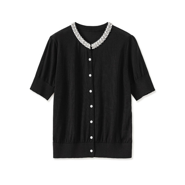 French light luxury beaded round neck short sleeve cardigan