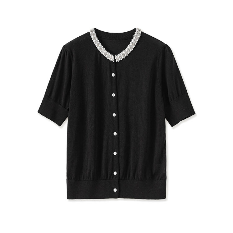French light luxury beaded round neck short sleeve cardigan