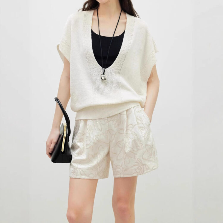 Summer Apricot Embroidered Sequined High Waist Straight Double Pleat Linen Casual shorts