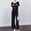 Fashionable lace-trimmed round-neck Tencel denim top and casual wide-leg pants set