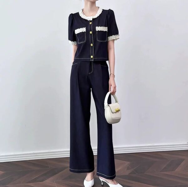 Fashionable lace-trimmed round-neck Tencel denim top and casual wide-leg pants set