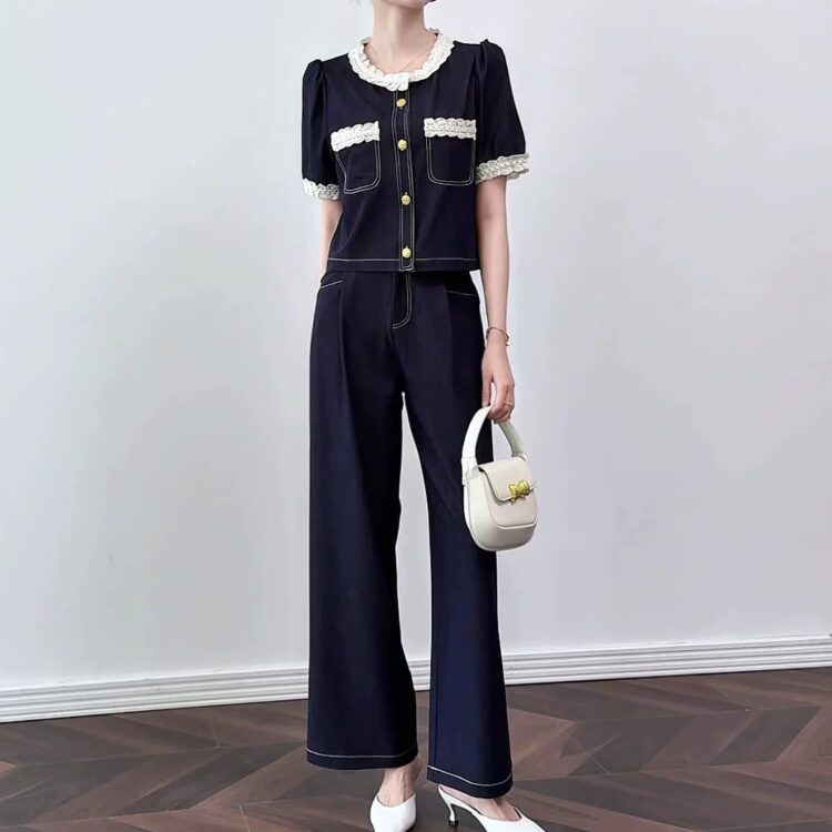 Fashionable lace-trimmed round-neck Tencel denim top and casual wide-leg pants set