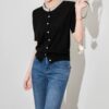 French light luxury beaded round neck short sleeve cardigan