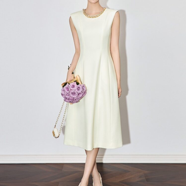 Diamond-studded light luxury acetate sleeveless waist dress