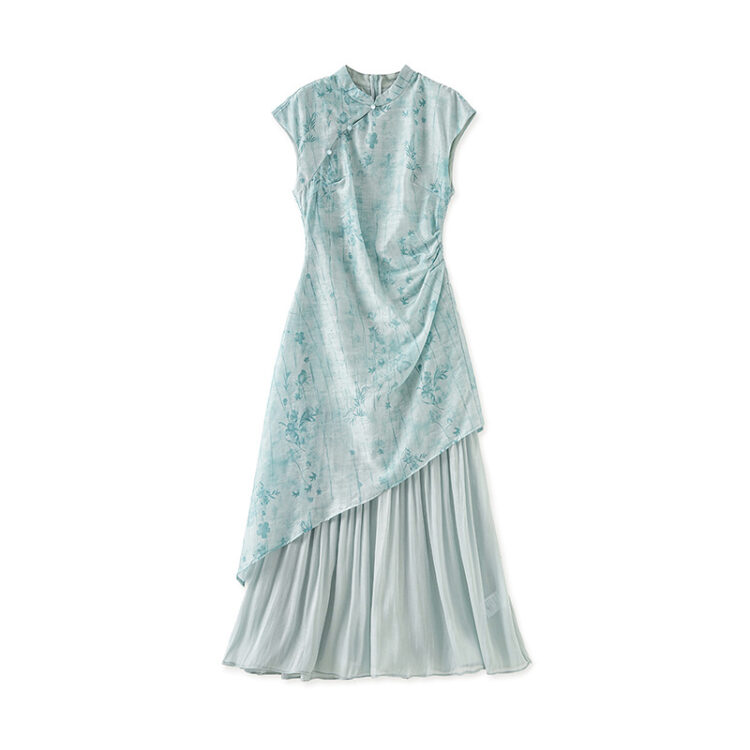 Elegant fake two-piece pleated cheongsam dress