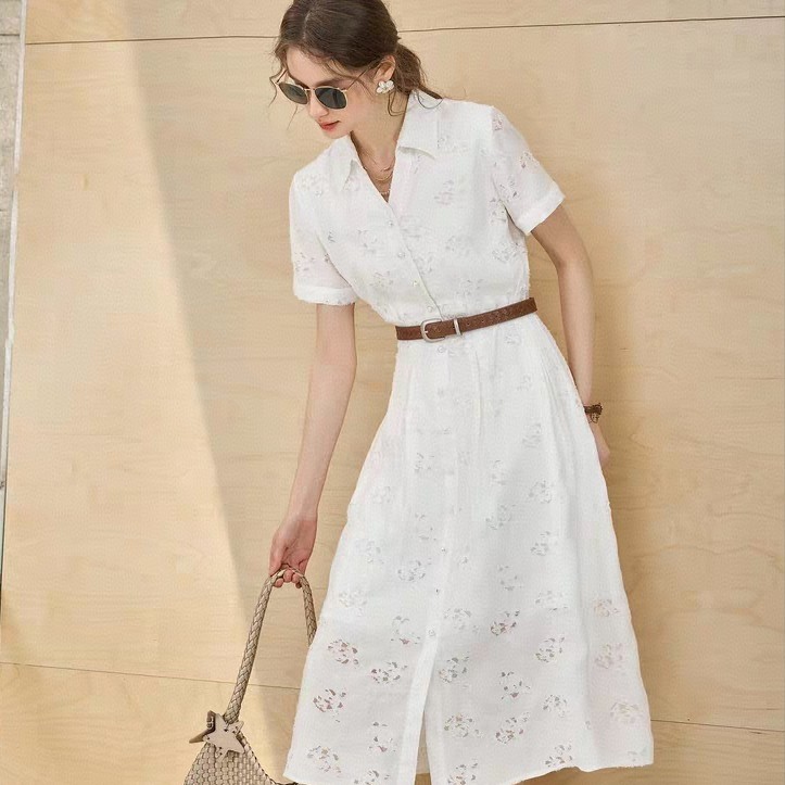 Botanical print versatile single-breasted short-sleeved dress (with belt)