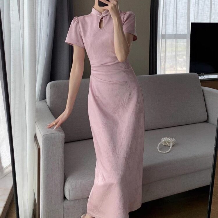 New Chinese style heavy jacquard slim cheongsam dress