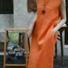 Minimalist loose back slit linen dress