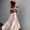 Botanical Print Elastic Waist A-Line Skirt