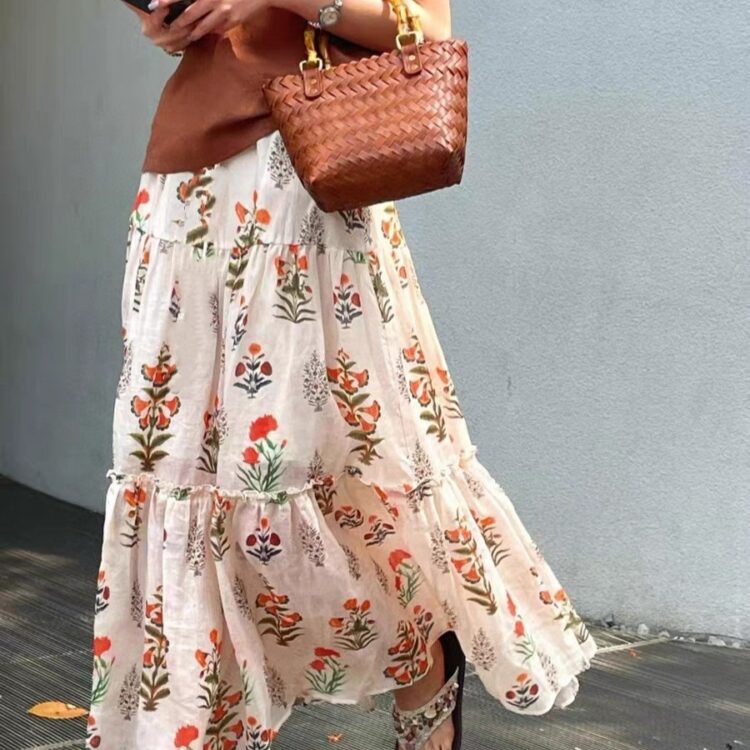 Botanical Print Elastic Waist A-Line Skirt