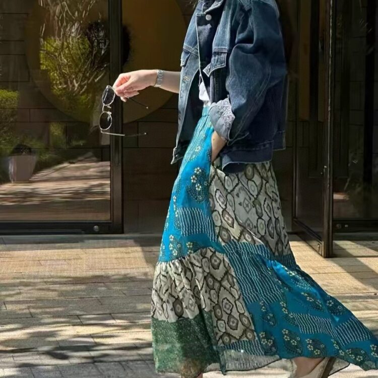 100% Ramie resort style elastic waist bohemian oversized skirt