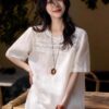 Loose lace and linen crew neck shirt