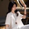 Loose lace and linen crew neck shirt