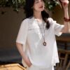 Loose lace and linen crew neck shirt