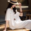 Loose lace and linen crew neck shirt
