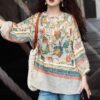 Fresh style round neck loose printed mid-length ramie embroidered shirt