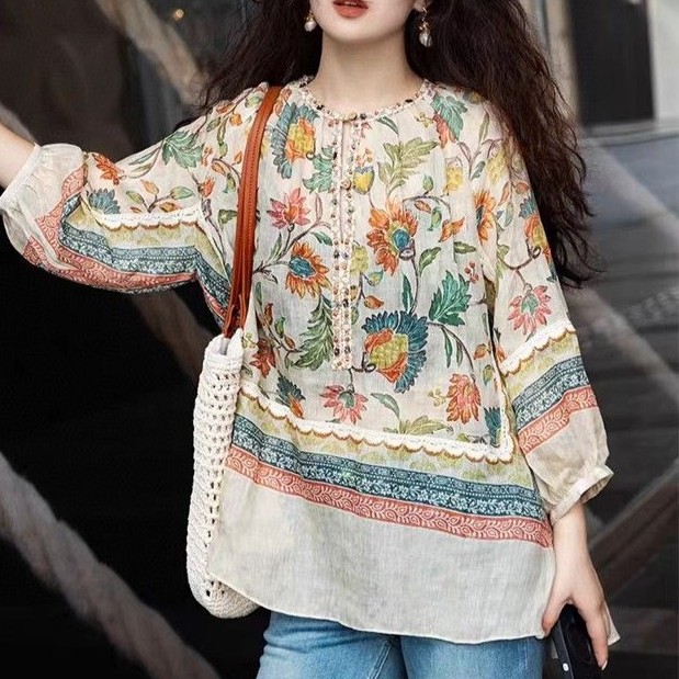 Fresh style round neck loose printed mid-length ramie embroidered shirt