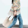 Fresh style round neck loose printed mid-length ramie embroidered shirt
